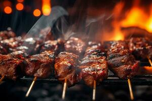 köstlich gegrillt Rindfleisch oder Schweinefleisch Über ein Holzkohle Grill beim das Straße Essen Markt foto