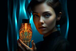 schön Frau hält Parfüm zum Werbung auf hell Hintergrund foto