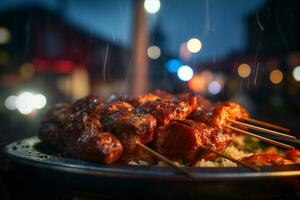 köstlich gegrillt Rindfleisch oder Schweinefleisch Über ein Holzkohle Grill beim das Straße Essen Markt foto