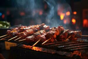 köstlich gegrillt Rindfleisch oder Schweinefleisch Über ein Holzkohle Grill beim das Straße Essen Markt foto