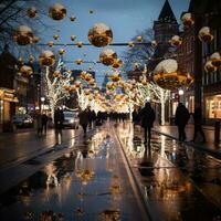 golden Weihnachten Beleuchtung leuchten ein Stadt Straße. foto