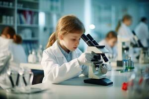 Kind mit ein Mikroskop im ein Wissenschaft Labor foto