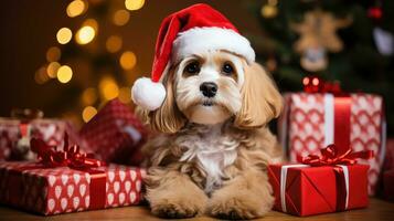 ein Hund tragen ein Santa Hut Sitzung Nächster zu ein eingewickelt Geschenk foto