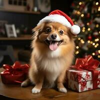 ein Hund tragen ein Santa Hut Sitzung Nächster zu ein eingewickelt Geschenk foto