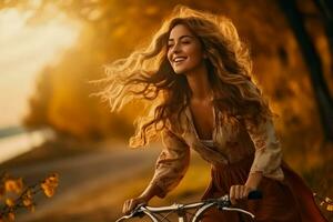 schön stilvoll Frau Fahrten Fahrrad im Herbst Park beim Sonnenuntergang genießen Natur foto