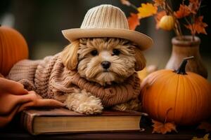 gemütlich Herbst Outfit mit Hund Sweatshirt Hut Katze Kürbis Buch Kaffee Regenschirm foto