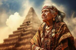 monumental aztekisch alt Frau Pyramide. generieren ai foto