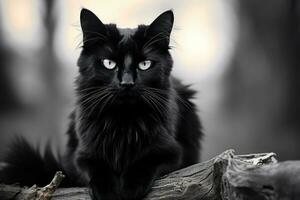 ein schwarz Katze Sitzung auf ein Ast im das Wald ai generiert foto