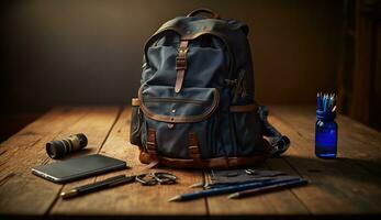 Rucksack und Schule liefert auf Schreibtisch. ai generiert foto