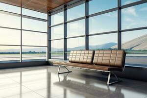 Innere von Flughafen Terminal mit Panorama- Fenster und Flugzeug. generativ ai foto