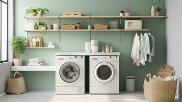 Innere von modern Wäsche Zimmer mit Waschen Maschine, Korb und Handtücher. generativ ai foto