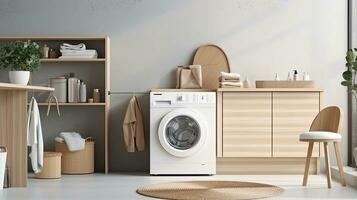 Innere von modern Wäsche Zimmer mit Waschen Maschine, Korb und Handtücher. generativ ai foto