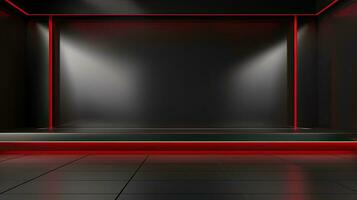 abstrakt dunkel leeren Zimmer mit glühend rot Neon- Beleuchtung. spotten hoch, 3d Wiedergabe. generativ ai foto