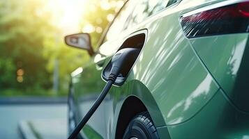 ev Laden Bahnhof zum elektrisch Auto im Konzept von Grün Energie produziert von nachhaltig Quelle zu liefern zu Ladegerät Bahnhof im bestellen zu reduzieren co2 Emission. generativ ai foto