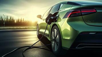 ev Laden Bahnhof zum elektrisch Auto im Konzept von Grün Energie produziert von nachhaltig Quelle zu liefern zu Ladegerät Bahnhof im bestellen zu reduzieren co2 Emission. generativ ai foto