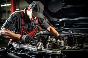 Fachmann Mechaniker Arbeiten im Auto Reparatur Geschäft. Auto Bedienung und Instandhaltung Konzept generativ ai foto