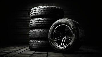 Auto Reifen auf schwarz Hintergrund mit Licht und Schatten. generativ ai foto