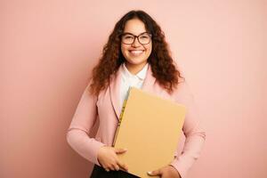 jung Plus Größe Geschäftsfrau lächelnd glücklich halten Bindemittel im das Büro. generativ ai foto