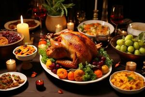 traditionell hausgemacht geröstet das Erntedankfest Tag Truthahn Abendessen. Draufsicht Tabelle Szene auf ein dunkel Holz Banner Hintergrund. Truthahn, püriert Kartoffeln, Dressing, Kürbis Kuchen, und Seiten. generativ ai foto