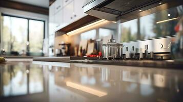 verschwommen modern Küche Sicht. skandinavisch Küche, minimalistisch Design Weiß Akzente. Ideal zum Produkt Anzeige oder Design Grundrisse. generativ ai foto