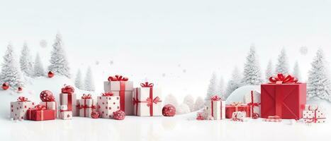 Weihnachten Geschenk Verpackung mit festlich Geschenke und Werkzeuge Rand auf Weiß Hintergrund. Neu Jahre Dekor, Kopieren Raum. generativ ai foto