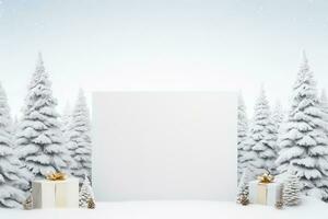 Weihnachten Karte Attrappe, Lehrmodell, Simulation mit Geschenk Kasten, Tanne Geäst, und gemütlich Hintergrund. minimalistisch Stil im Weiß und Beige. generativ ai foto