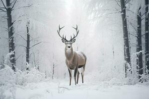 ein Hirsch steht im Vorderseite von ein Schnee bedeckt Feld im ein Winter Wald. generativ ai foto