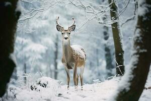 ein Hirsch steht im Vorderseite von ein Schnee bedeckt Feld im ein Winter Wald. generativ ai foto