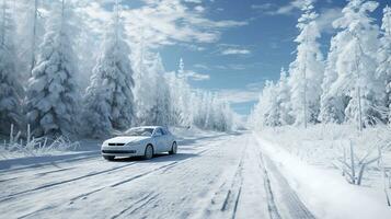 Auto Fahren auf Schnee bedeckt Wald Straße im Winter. generativ ai foto