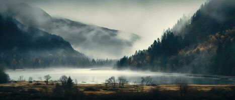 gespenstisch Herbst Berge bedeckt im Nebel, Erstellen ein mysteriös und unheimlich Atmosphäre. generativ ai foto