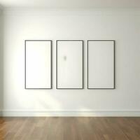 drei Foto leer Bild Frames auf Parkett Fußboden Weiß Mauer. Minimalismus. hoch Auflösung. ai generativ