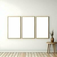 drei Foto leer Bild Frames auf Parkett Fußboden Weiß Mauer. Minimalismus. hoch Auflösung. ai generativ