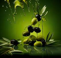 Oliven und Olive Öl schwebend auf ein Grün Hintergrund. hoch Qualität ai generativ foto