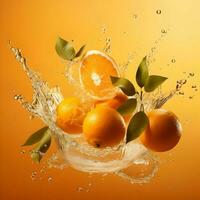 Orangen und Orange Saft schwebend auf ein Orange Hintergrund. hohe Auflösung. ai generativ foto