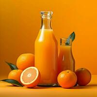 Orange mit Saft im Glas Flaschen auf Orange Hintergrund. hoch Qualität. ai generativ foto