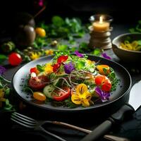 frisch Gourmet Salat mit organisch Gemüse und Kräuter. hoch Qualität. ai generativ foto