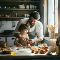 Papa mit ein 5 Jahre alt Kind Kochen im das Weiß Küche. hoch Qualität. ai generativ foto