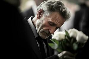 Nahansicht Schuss von ein Senior Mann im Vorderseite von ein Beerdigung Strauß ai generiert foto