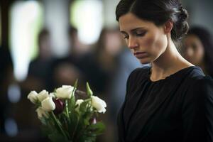 Porträt von ein traurig Frau mit ein Beerdigung Strauß von Blumen ai generiert foto