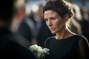 Porträt von ein traurig Frau mit ein Beerdigung Strauß von Blumenai generiert foto