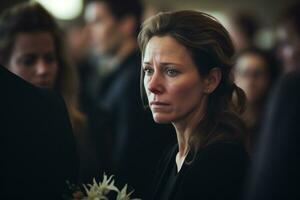 Porträt von ein traurig Frau mit ein Beerdigung Strauß von Blumenai generiert foto