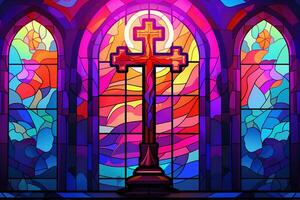 Illustration im befleckt Glas Stil mit Kreuz auf das Hintergrund von das befleckt Glas Fenster ai generiert foto