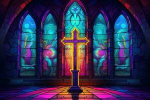 Illustration im befleckt Glas Stil mit Kreuz auf das Hintergrund von das befleckt Glas Fenster ai generiert foto