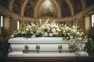 Nahansicht Schuss von ein bunt Schatulle im ein Leichenwagen oder Kapelle Vor Beerdigung oder Beerdigung beim Friedhof ai generiert foto