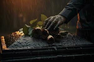 Nahansicht von ein Beerdigung Schatulle beim ein Friedhof mit Blumen im das Regen, Hand auf das Grab im das Regen mit dunkel Hintergrund und Rose ai generiert foto