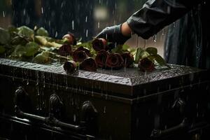 Nahansicht von ein Beerdigung Schatulle beim ein Friedhof mit Blumen im das Regen, Hand auf das Grab im das Regen mit dunkel Hintergrund und Rose ai generiert foto