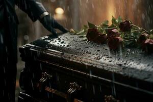 Nahansicht von ein Beerdigung Schatulle beim ein Friedhof mit Blumen im das Regen, Hand auf das Grab im das Regen mit dunkel Hintergrund und Rose ai generiert foto