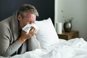 ein Mann mit ein Grippe Lügen im Bett leiden.ai generativ foto