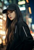 schön asiatisch Mädchen tragen Über Größe Kapuzenpullover im beiläufig Stil ai generativ foto