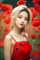 schön asiatisch Mädchen mit blond Haar im Blume Garten ai generativ foto